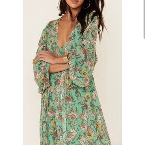 Free People Earthfolk Floral Maxi Dress with Drawstring Long Sleeves